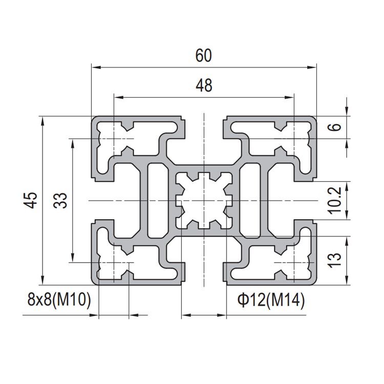 45×60mm T-Slot Aluminum Profile with 4 Slots