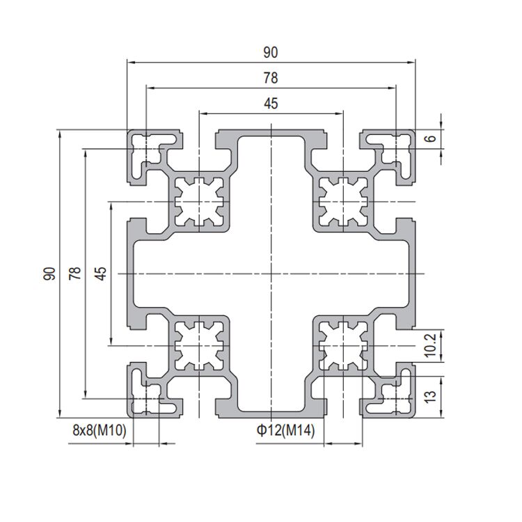 90x90 T-Slot Aluminum Strut Profile With 8 Slots