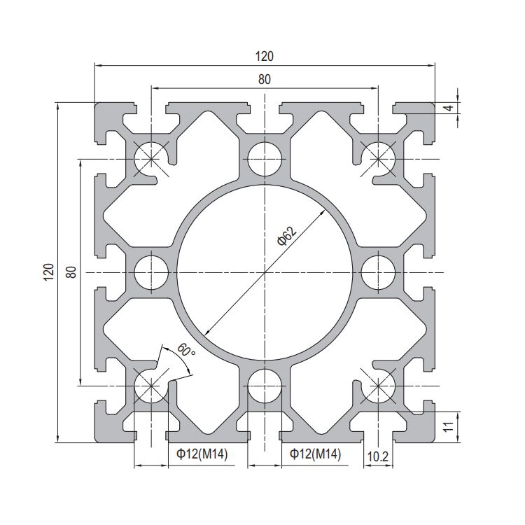 120x120mm T-Slot Aluminum Profile with 12 Slots