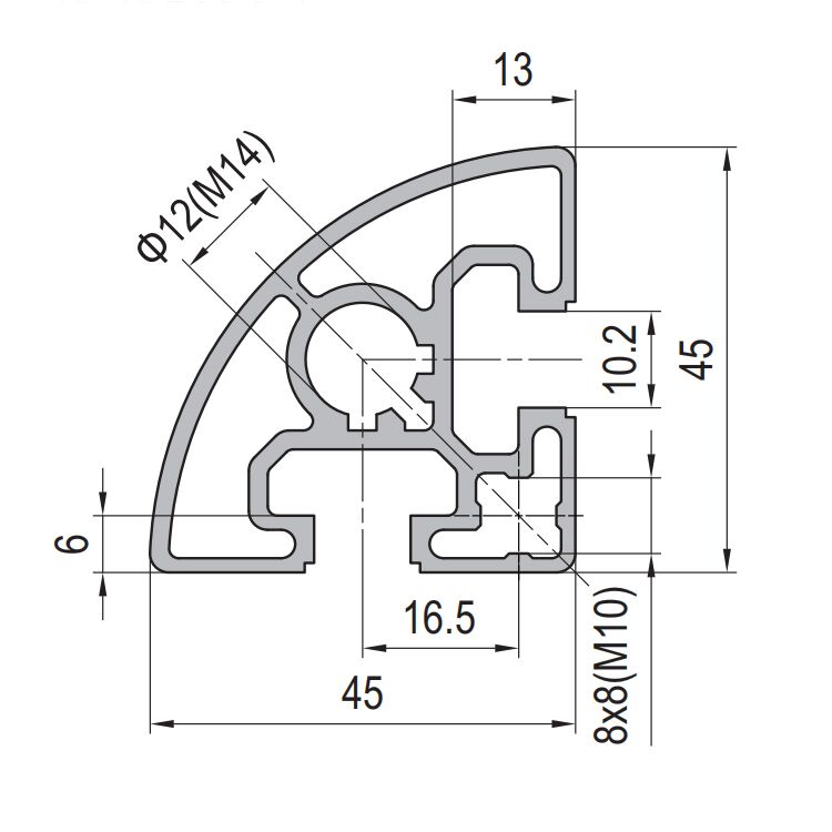 45x45 Aluminum T-Slot Profile with 2 Slots and R90 Corners