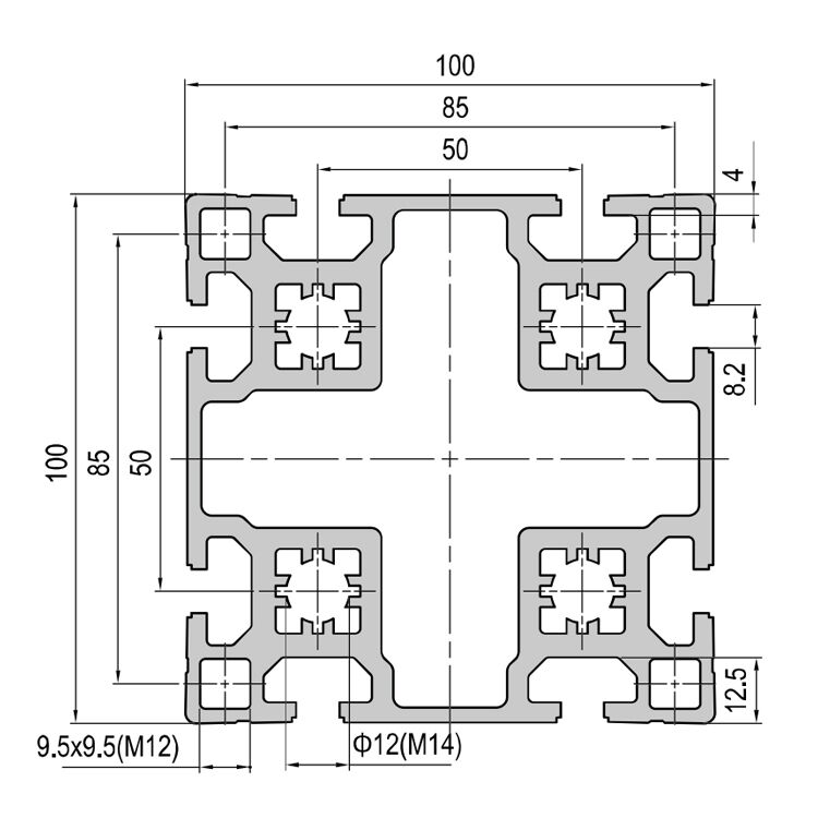 Heavy 100x100 T-Slot Aluminum Profile with 8 Slots