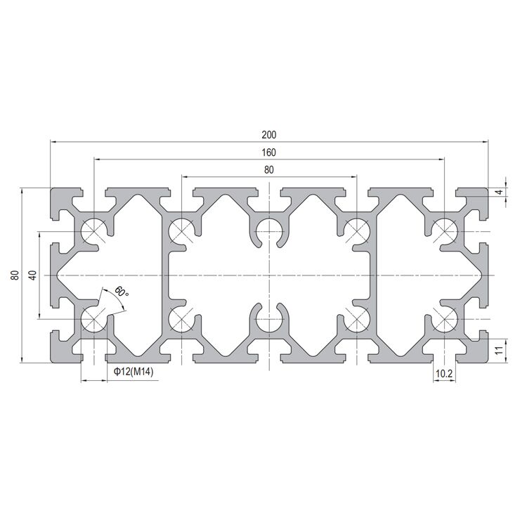 Profilé extrudé en alliage d'aluminium 80×200 à 14 fentes – Image 2